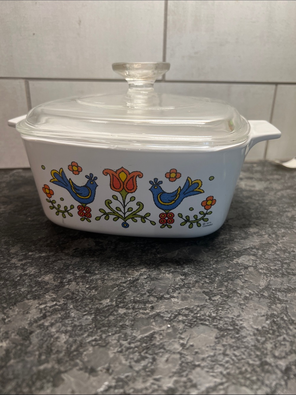 Corningware White Casserole with Blue & Orange Folk Bird Motif